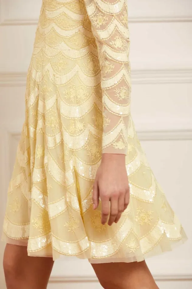 Women Embellished Dresses Needle and Thread Fifi Long Sleeve Mini Dress Yellow