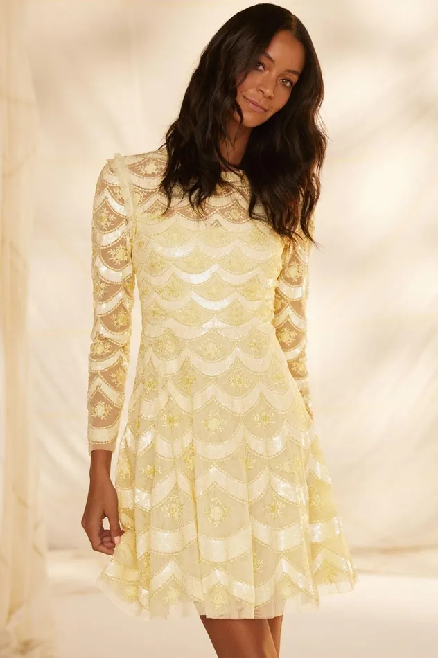 Women Embellished Dresses Needle and Thread Fifi Long Sleeve Mini Dress Yellow