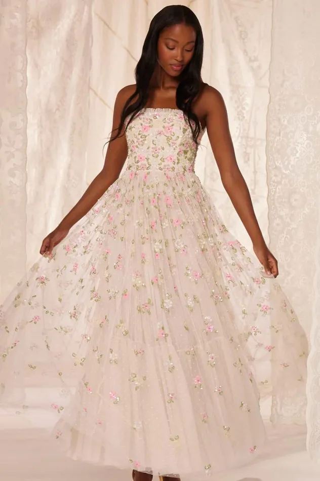 Women Embellished Dresses Needle and Thread Freesia Shimmer Strapless Gown Champagne