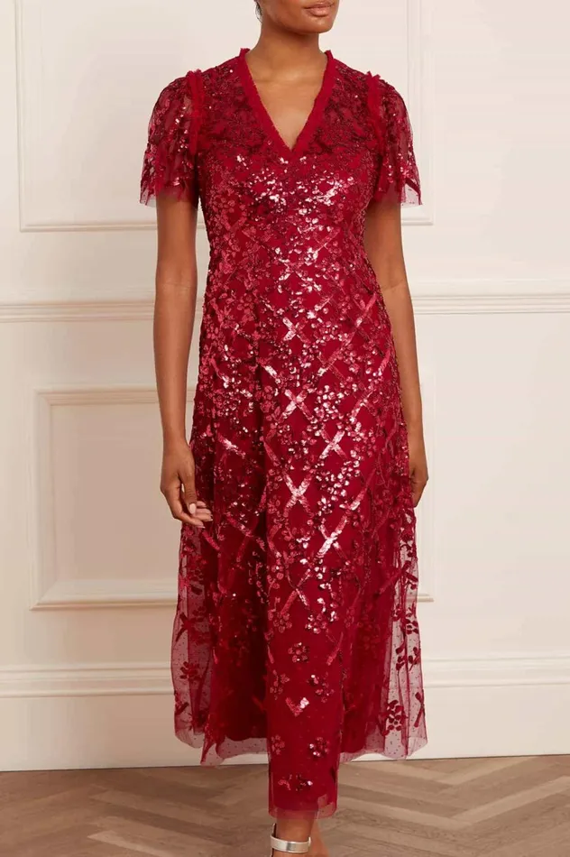 Women Embellished Dresses Needle and Thread Garden Lattice Ankle Gown Red