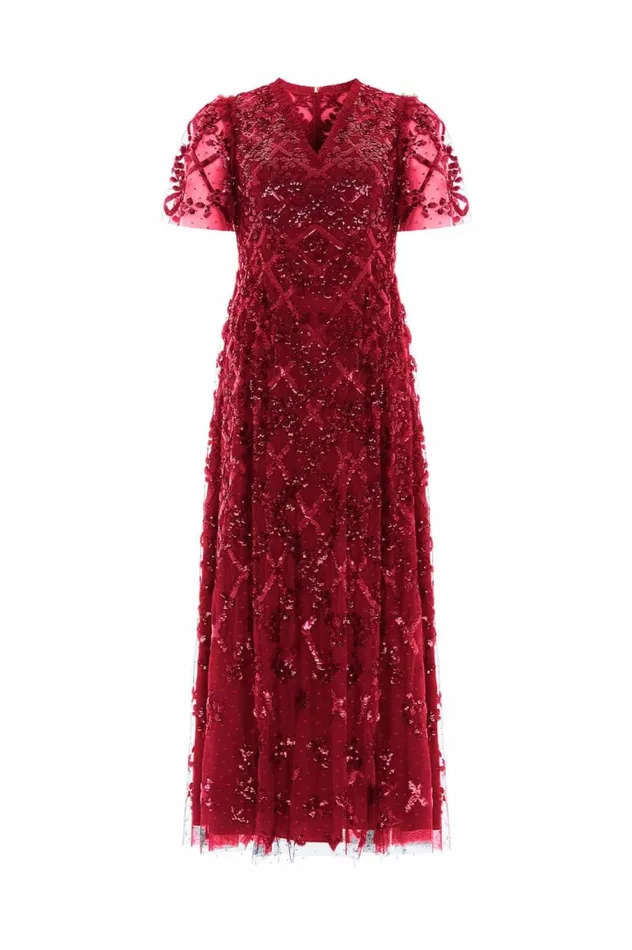 Women Embellished Dresses Needle and Thread Garden Lattice Ankle Gown Red