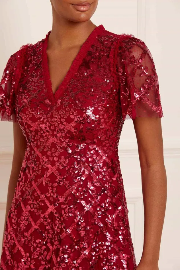 Women Embellished Dresses Needle and Thread Garden Lattice Ankle Gown Red