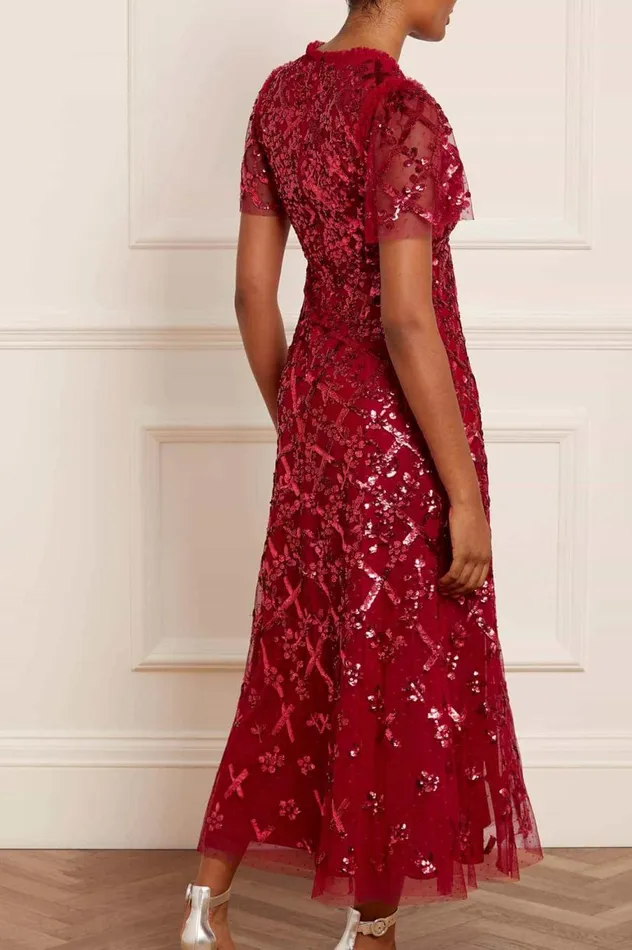 Women Embellished Dresses Needle and Thread Garden Lattice Ankle Gown Red