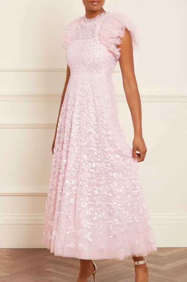Women Embellished Dresses Needle and Thread Sequin Rose Gloss Ankle Gown Pink