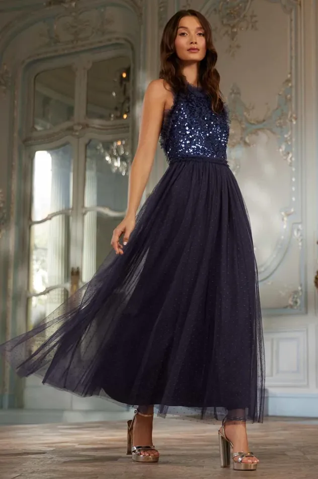 Women Embellished Dresses Needle and Thread Sequin Wreath Bodice Halter Neck Ankle Gown Blue