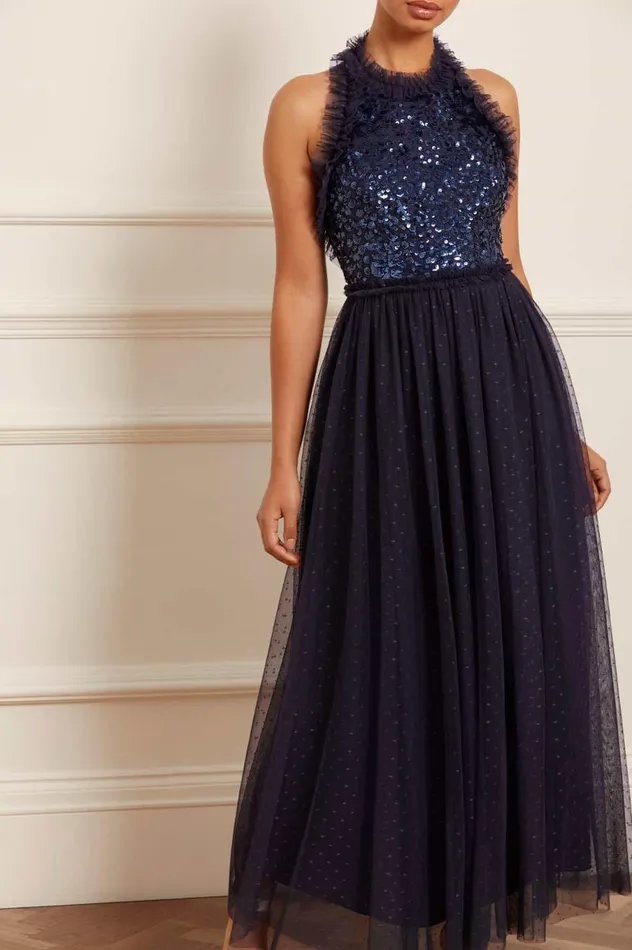 Women Embellished Dresses Needle and Thread Sequin Wreath Bodice Halter Neck Ankle Gown Blue