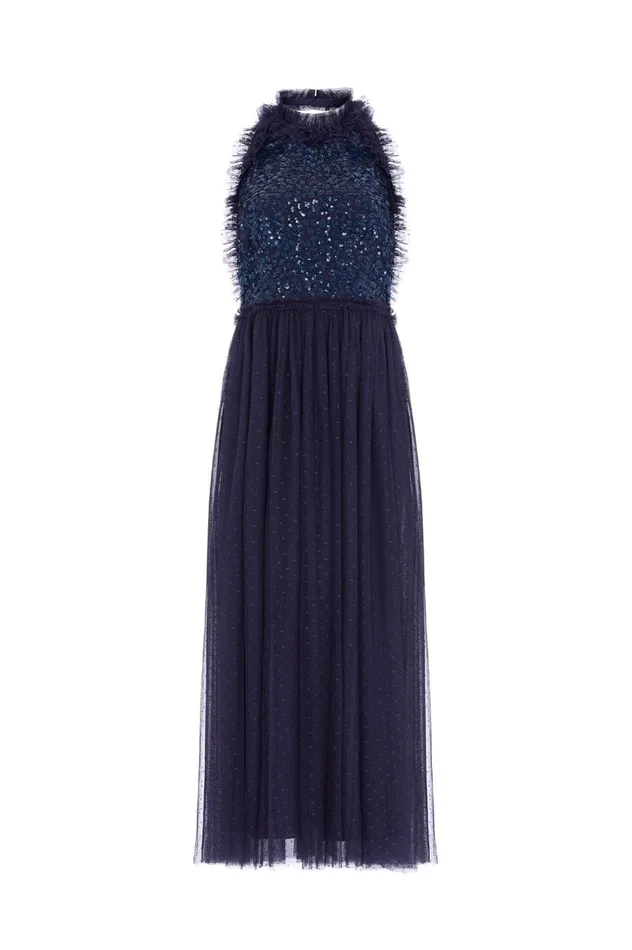 Women Embellished Dresses Needle and Thread Sequin Wreath Bodice Halter Neck Ankle Gown Blue