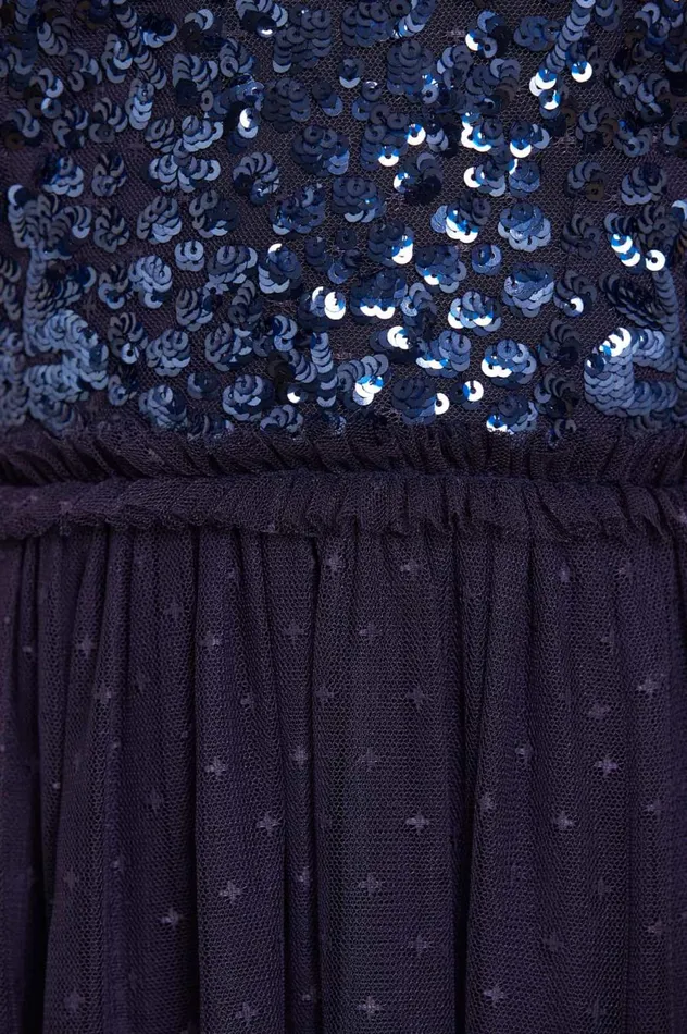 Women Embellished Dresses Needle and Thread Sequin Wreath Bodice Halter Neck Ankle Gown Blue