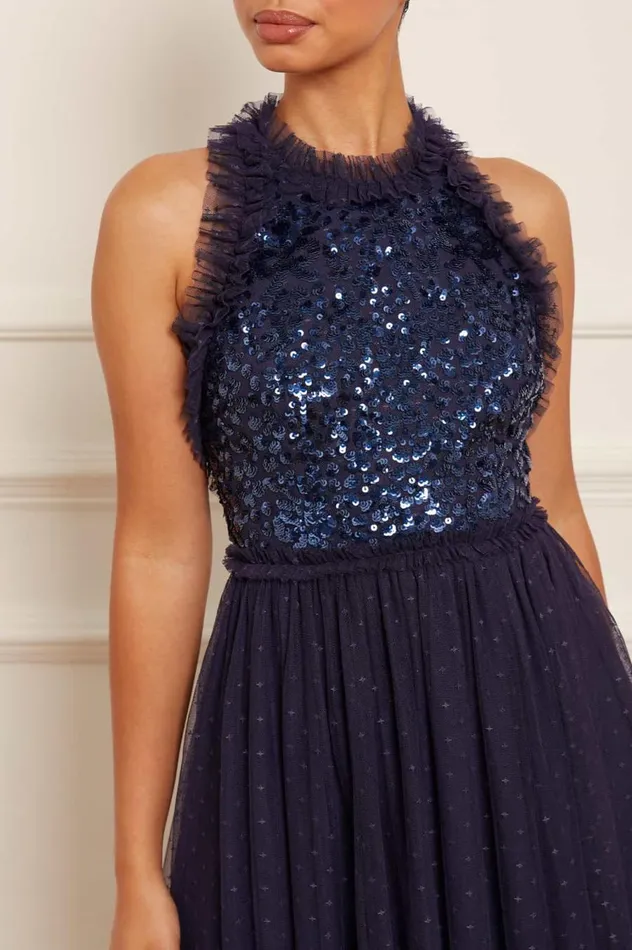 Women Embellished Dresses Needle and Thread Sequin Wreath Bodice Halter Neck Ankle Gown Blue