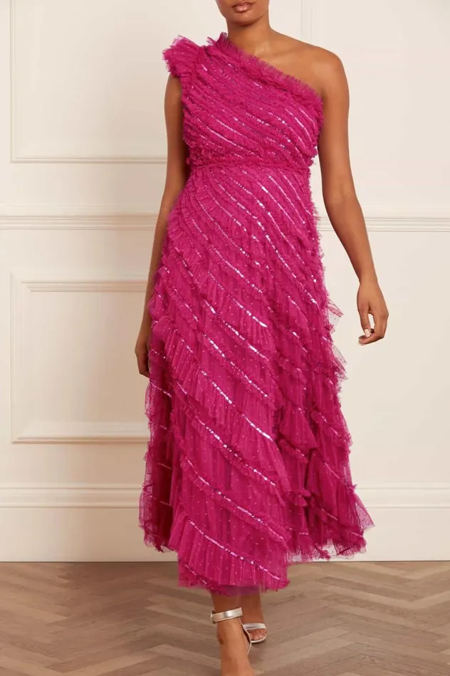 Women Embellished Dresses Needle and Thread Spiral Sequin OneShoulder Ankle Gown Pink