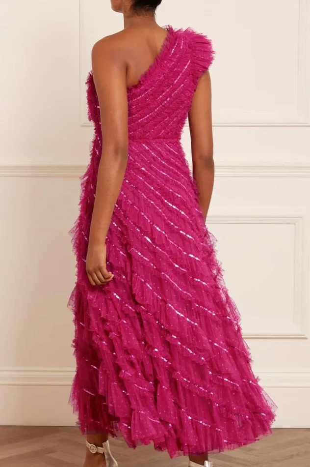 Women Embellished Dresses Needle and Thread Spiral Sequin OneShoulder Ankle Gown Pink