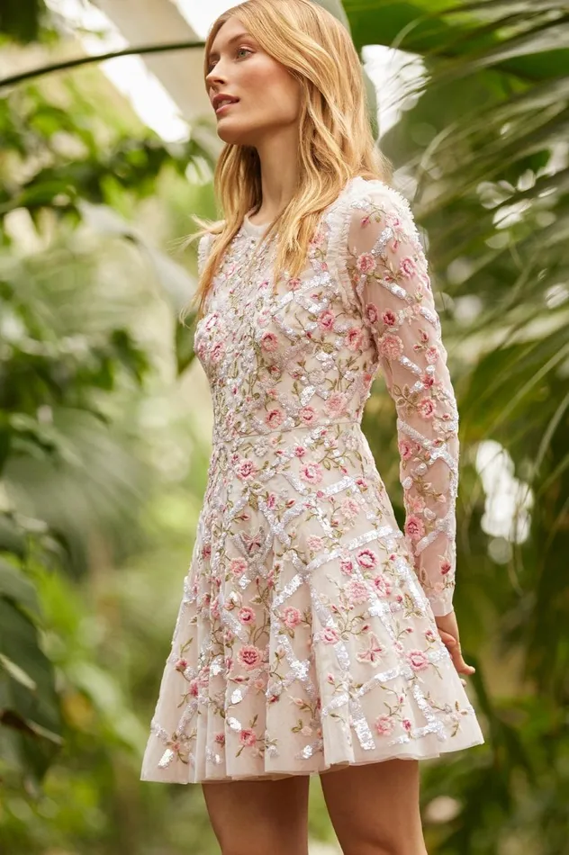 Women Embroidered Dresses Needle and Thread Athena Rose Micro Mini Dress Champagne