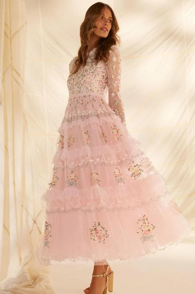 Women Embroidered Dresses Needle and Thread Primrose Bouquet Long Sleeve Ankle Gown Pink Women Embroidered Dresses Needle and Thread Primrose Bouquet Long Sleeve Ankle Gown Pink