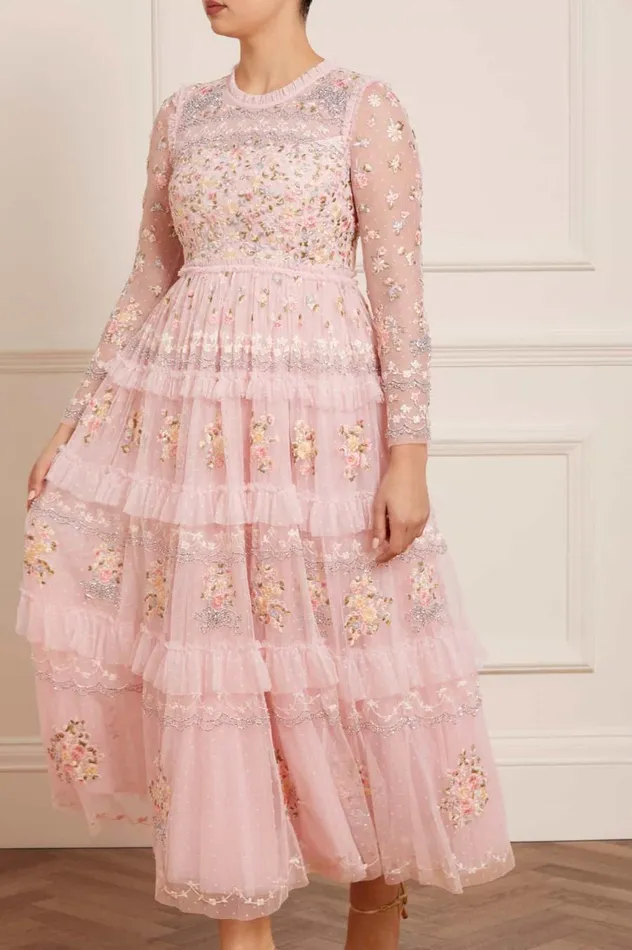 Women Embroidered Dresses Needle and Thread Primrose Bouquet Long Sleeve Ankle Gown Pink