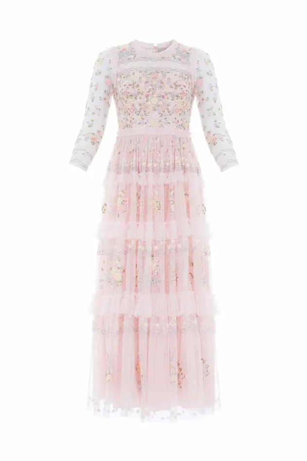 Women Embroidered Dresses Needle and Thread Primrose Bouquet Long Sleeve Ankle Gown Pink