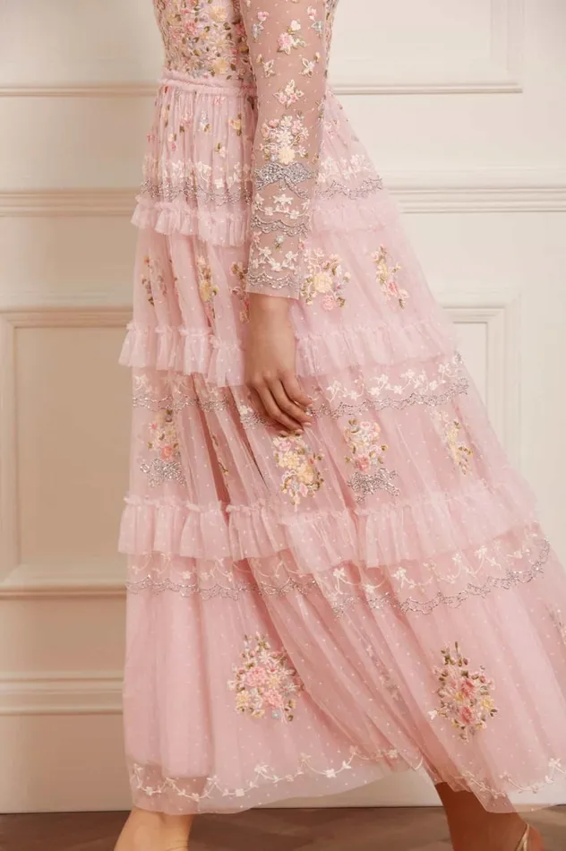 Women Embroidered Dresses Needle and Thread Primrose Bouquet Long Sleeve Ankle Gown Pink