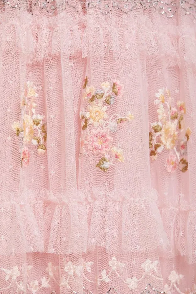 Women Embroidered Dresses Needle and Thread Primrose Bouquet Long Sleeve Ankle Gown Pink