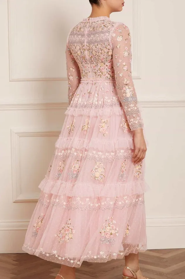 Women Embroidered Dresses Needle and Thread Primrose Bouquet Long Sleeve Ankle Gown Pink
