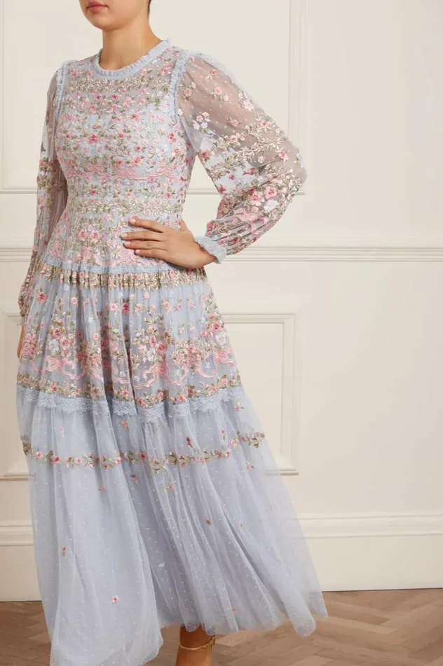 Women Embroidered Dresses Needle and Thread Ribbon Bouquet Gown Blue