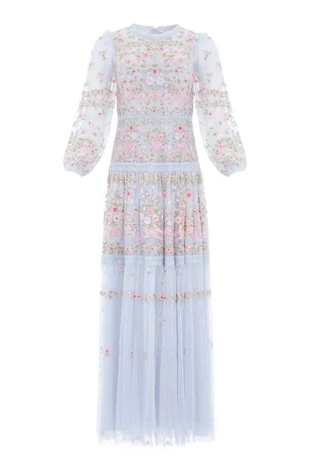 Women Embroidered Dresses Needle and Thread Ribbon Bouquet Gown Blue