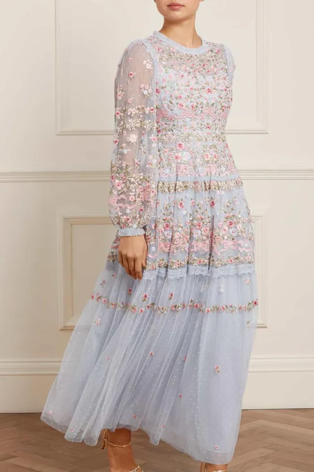 Women Embroidered Dresses Needle and Thread Ribbon Bouquet Gown Blue