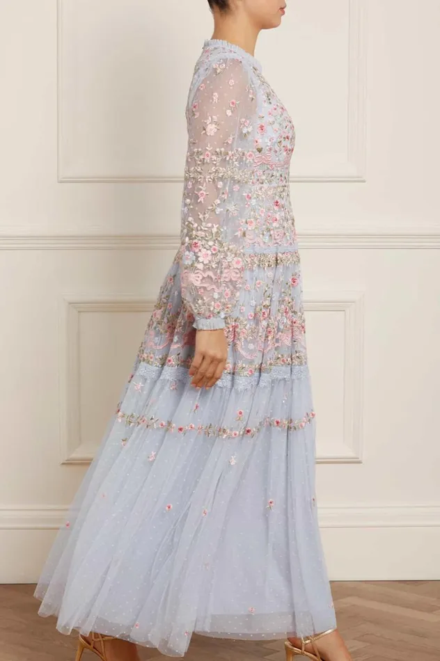 Women Embroidered Dresses Needle and Thread Ribbon Bouquet Gown Blue