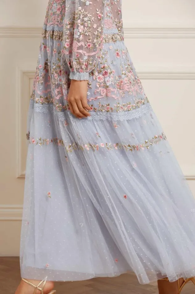 Women Embroidered Dresses Needle and Thread Ribbon Bouquet Gown Blue