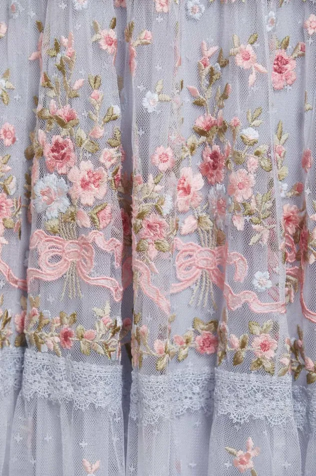 Women Embroidered Dresses Needle and Thread Ribbon Bouquet Gown Blue