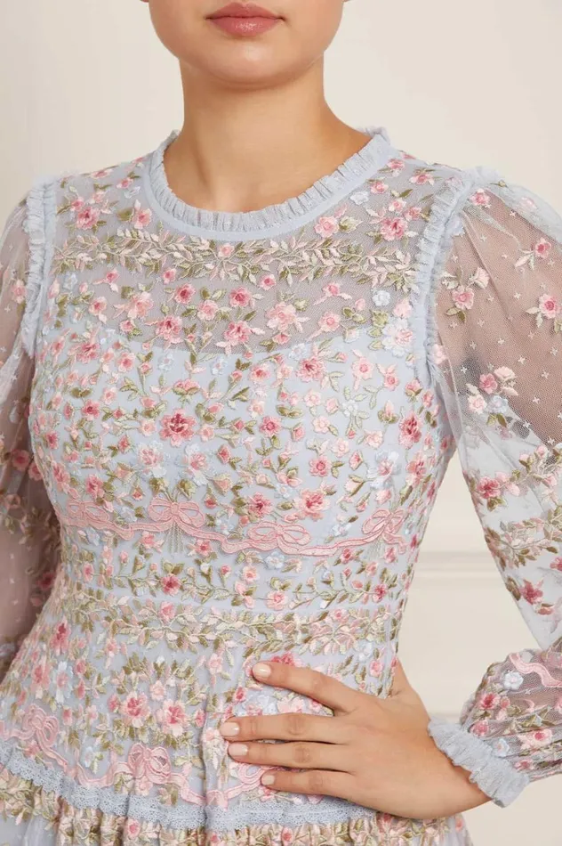 Women Embroidered Dresses Needle and Thread Ribbon Bouquet Gown Blue