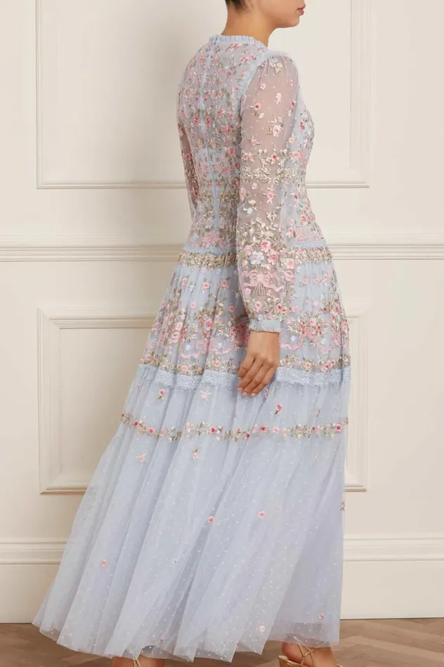 Women Embroidered Dresses Needle and Thread Ribbon Bouquet Gown Blue