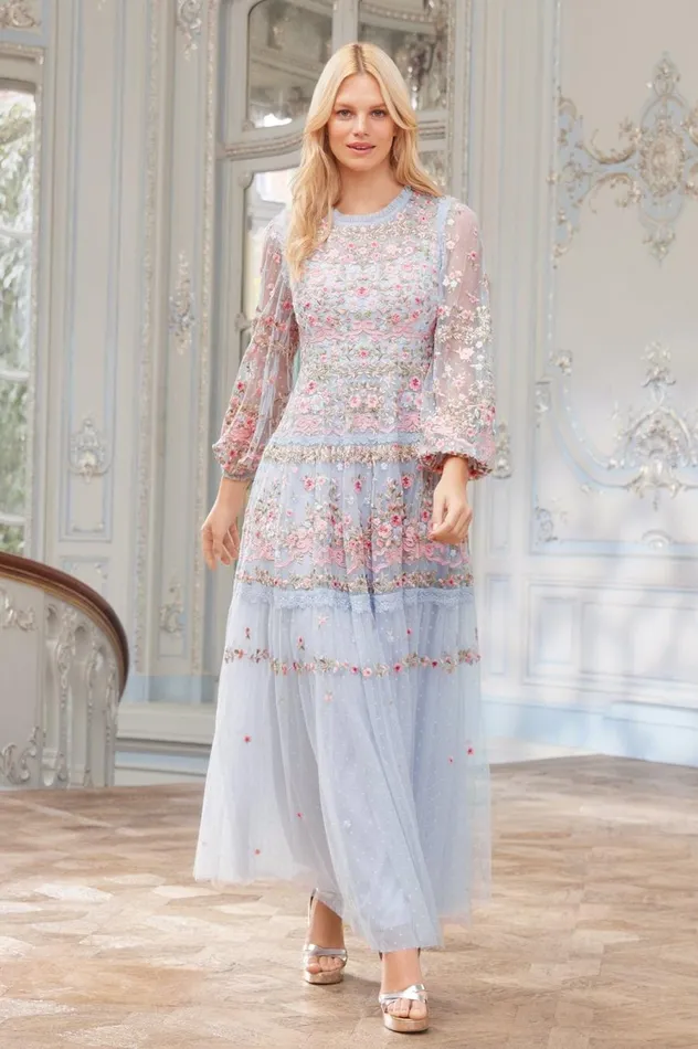 Women Embroidered Dresses Needle and Thread Ribbon Bouquet Gown Blue