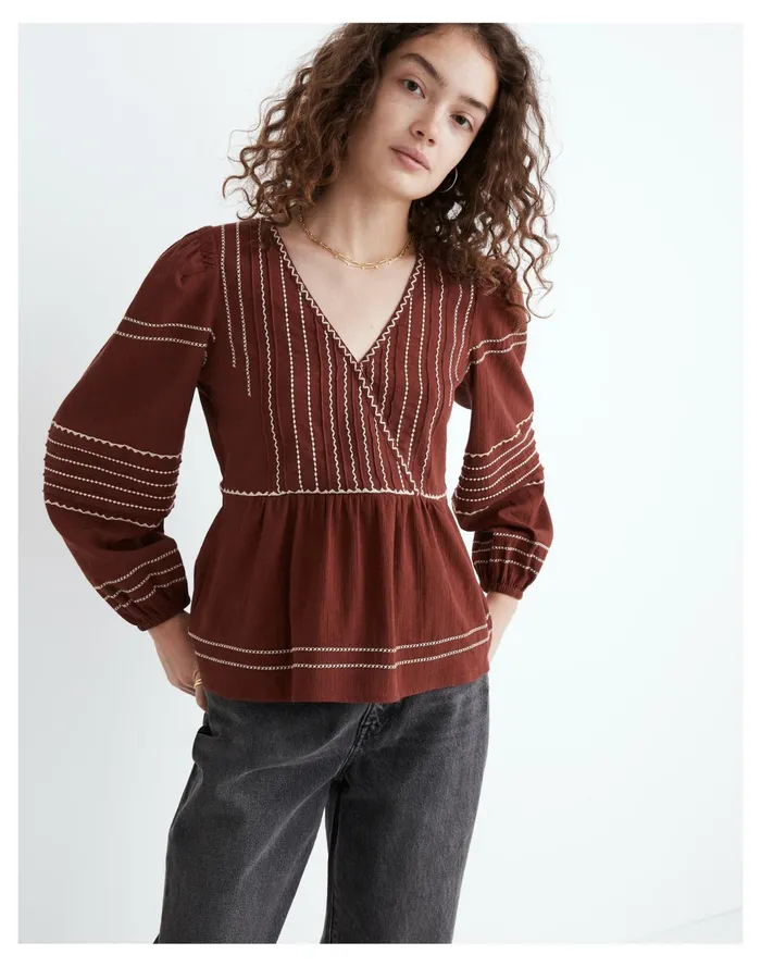 Women Embroidered Faux Wrap Top Rusted Burgundy Madewell Tops and Shirts