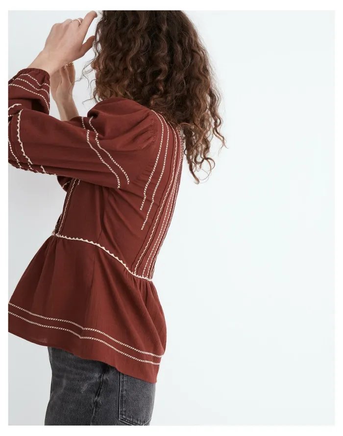 Women Embroidered Faux Wrap Top Rusted Burgundy Madewell Tops and Shirts Women Embroidered Faux Wrap Top Rusted Burgundy Madewell Tops and Shirts