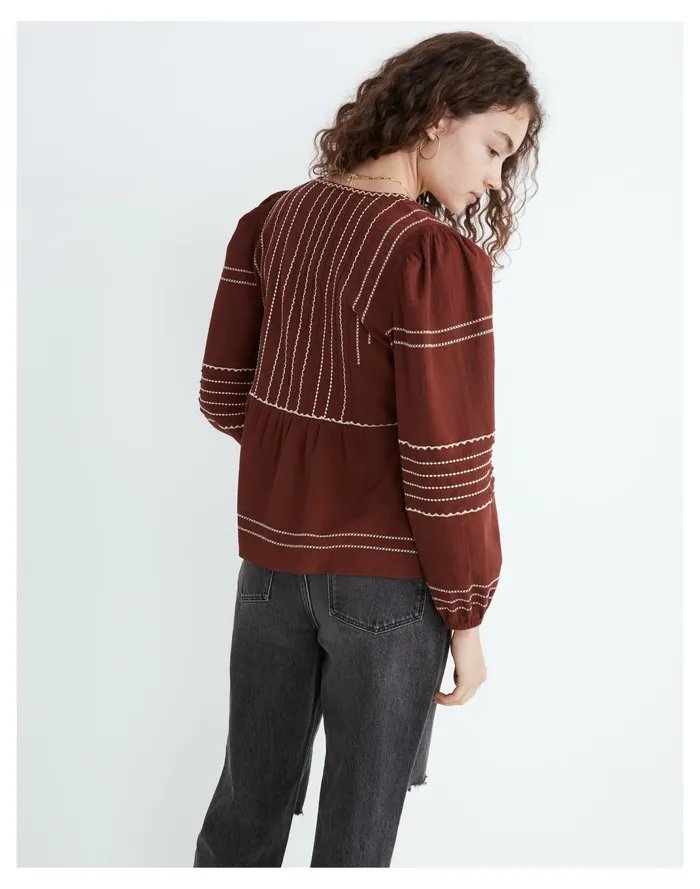 Women Embroidered Faux Wrap Top Rusted Burgundy Madewell Tops and Shirts Women Embroidered Faux Wrap Top Rusted Burgundy Madewell Tops and Shirts