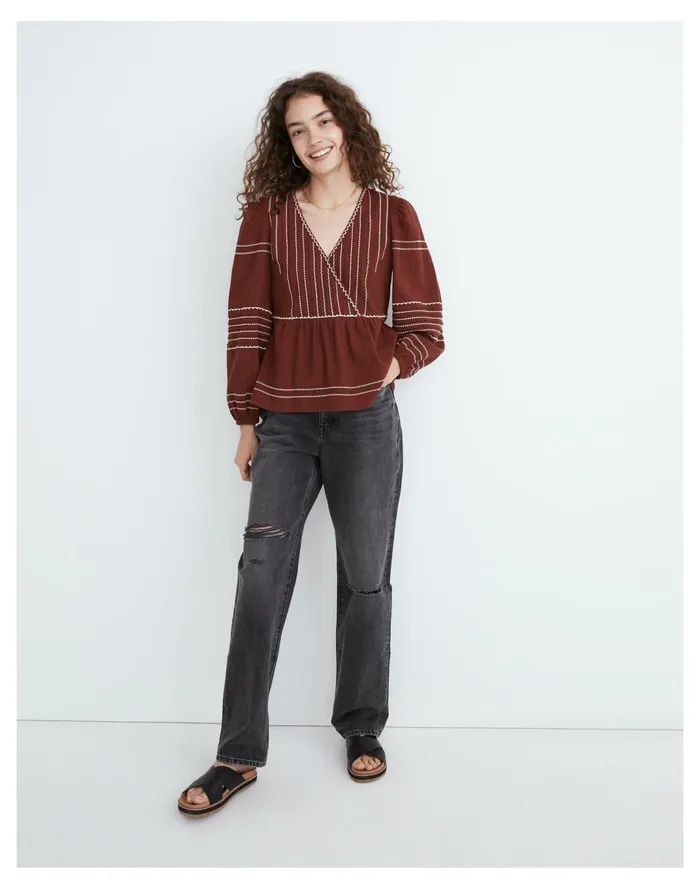 Women Embroidered Faux Wrap Top Rusted Burgundy Madewell Tops and Shirts Women Embroidered Faux Wrap Top Rusted Burgundy Madewell Tops and Shirts