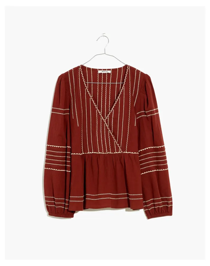 Women Embroidered Faux Wrap Top Rusted Burgundy Madewell Tops and Shirts Women Embroidered Faux Wrap Top Rusted Burgundy Madewell Tops and Shirts