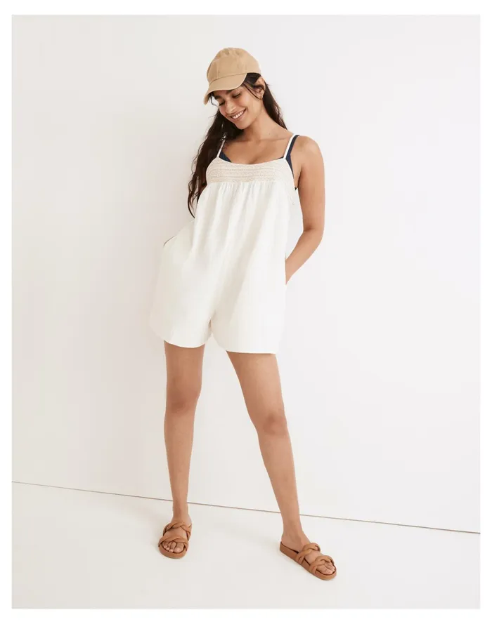 Women Embroidered Lightestspun Tie Back Cover Up Romper Lighthouse Madewell Swim
