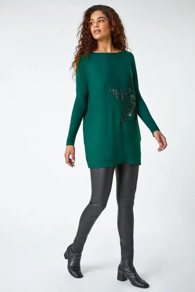 Women Emerald Embellished Star Print Longline Jumper Roman Knitwear