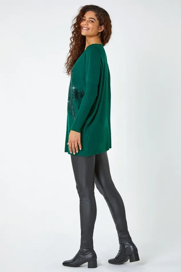 Women Emerald Embellished Star Print Longline Jumper Roman Knitwear