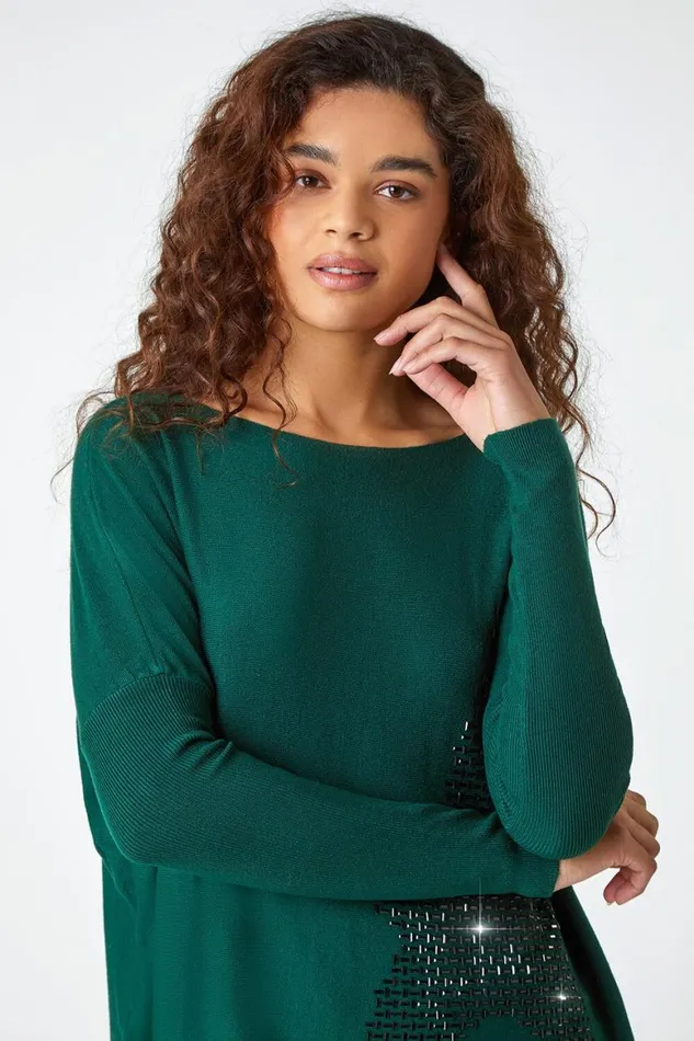 Women Emerald Embellished Star Print Longline Jumper Roman Knitwear