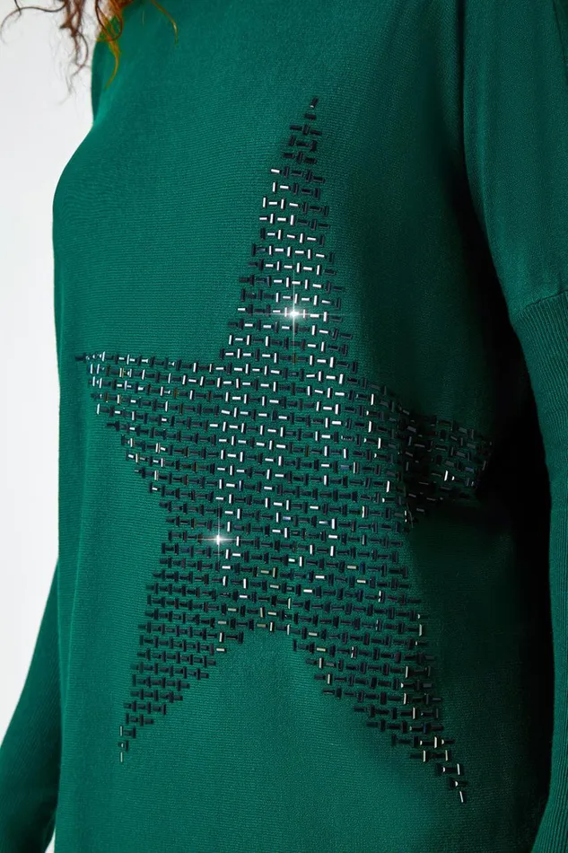Women Emerald Embellished Star Print Longline Jumper Roman Knitwear