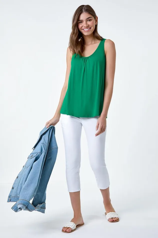 Women Emerald Plain VNeck Stretch Jersey Vest Top Roman Tops