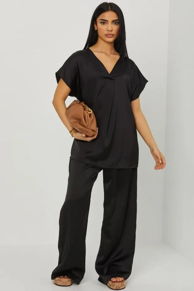 Women Ensemble 2 Pices Blouse Pantalon Satin Noir Black Brentiny Paris Sets With Top Bottoms Women Ensemble 2 Pices Blouse Pantalon Satin Noir Black Brentiny Paris Sets With Top Bottoms