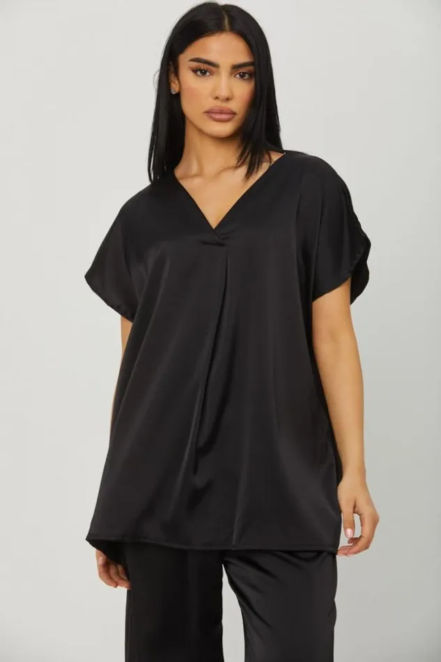 Women Ensemble 2 Pices Blouse Pantalon Satin Noir Black Brentiny Paris Sets With Top Bottoms