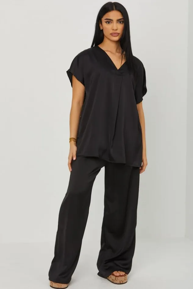 Women Ensemble 2 Pices Blouse Pantalon Satin Noir Black Brentiny Paris Sets With Top Bottoms