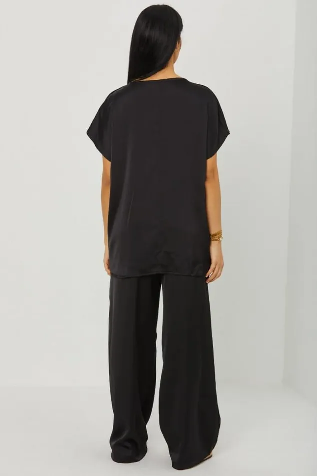 Women Ensemble 2 Pices Blouse Pantalon Satin Noir Black Brentiny Paris Sets With Top Bottoms