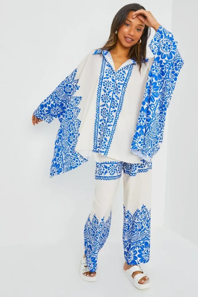 Women Ensemble 2 Pices Chemise Pantalon cru Bleu Blue Brentiny Paris Sets With Top Bottoms