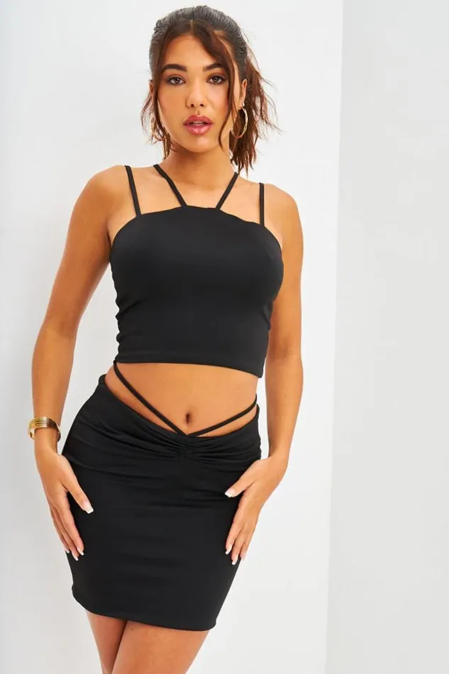Women Ensemble 2 Pices Crop Top Jupe Cordon Noir Brentiny Paris Lace Tops