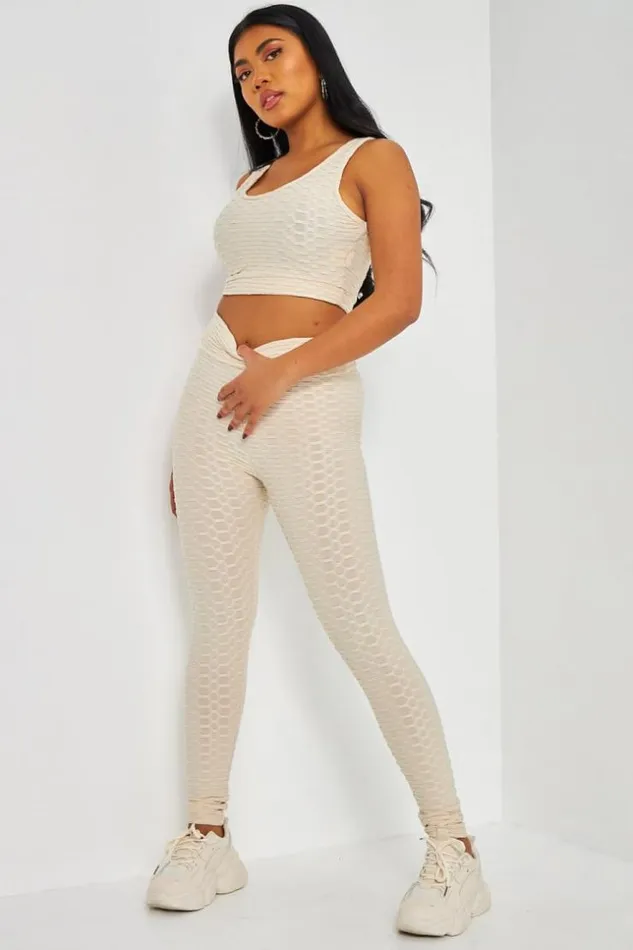 Women Ensemble 2 Pices Crop Top Legging Textur Beige Beige Brentiny Paris Lace Tops