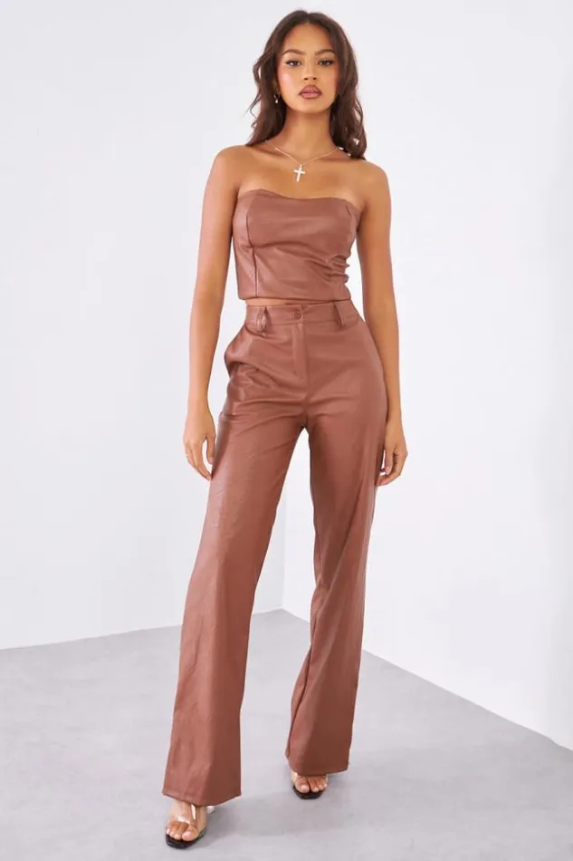 Women Ensemble 2 Pices Crop Top Pantalon En Simili Cuir Marron Brown Brentiny Paris Crop Tops Women Ensemble 2 Pices Crop Top Pantalon En Simili Cuir Marron Brown Brentiny Paris Crop Tops
